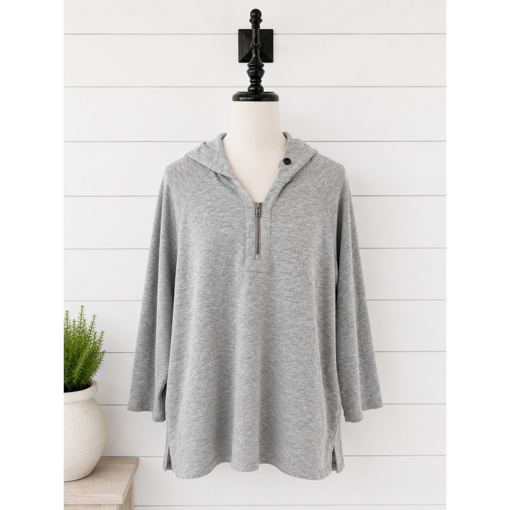 Ali Miles Hoodie 1/4 Quarter Zip XL Gray Jersey Knit Roll Tab Sleeve Heathered